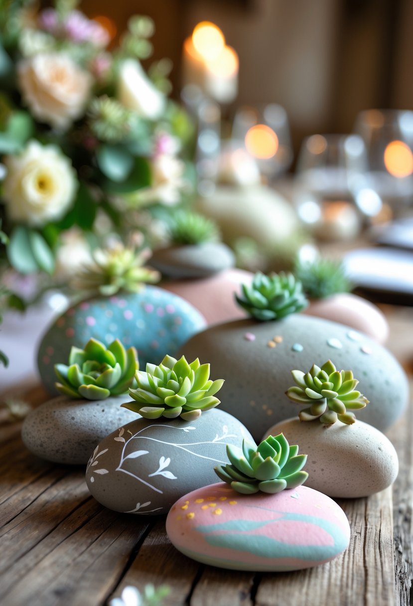Painted rocks with small succulents arranged as wedding centerpieces on a wooden table.