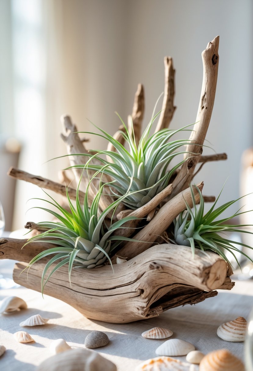A wedding centerpiece made of driftwood and green air plants on a wooden table with seashells and pebbles around it.