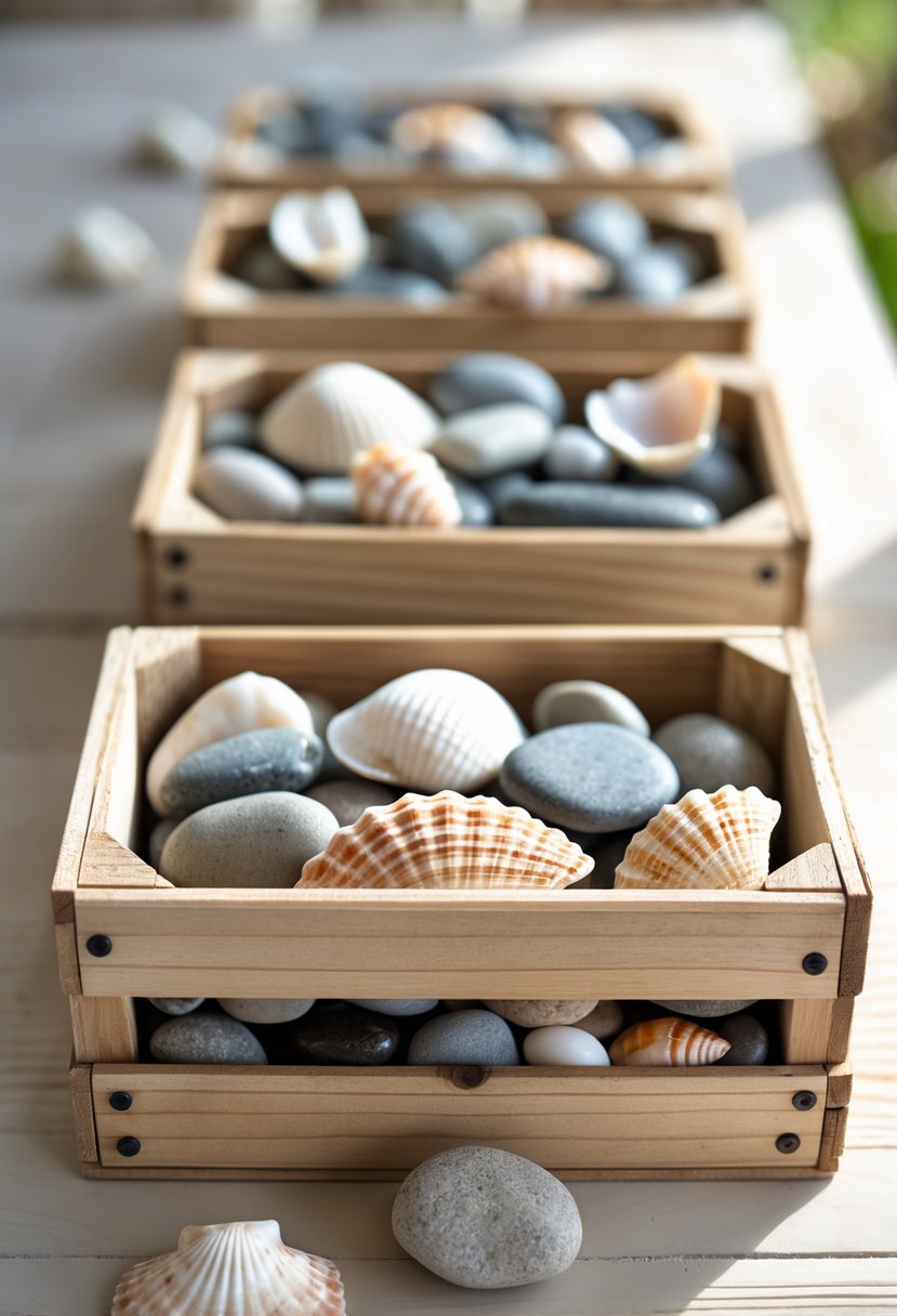 Small wooden crates filled with river stones and seashells arranged on a wooden surface.