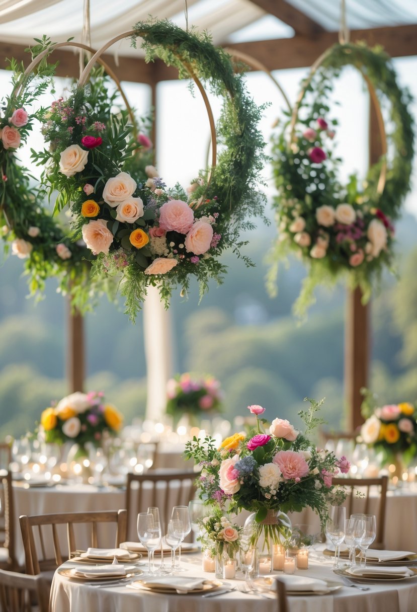 Wedding tables with floral hoops hanging above, decorated with flowers and greenery.