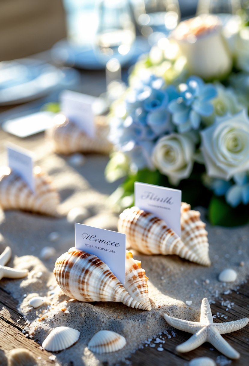 A wedding table decorated with seashell place card holders and floral centerpieces on a wooden surface.