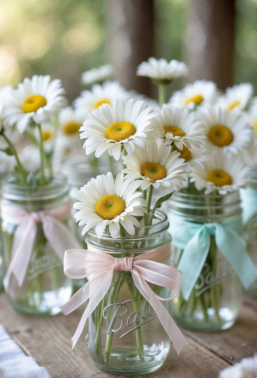 Several mason jars tied with ribbons, each filled with white daisies, arranged on a wooden table.