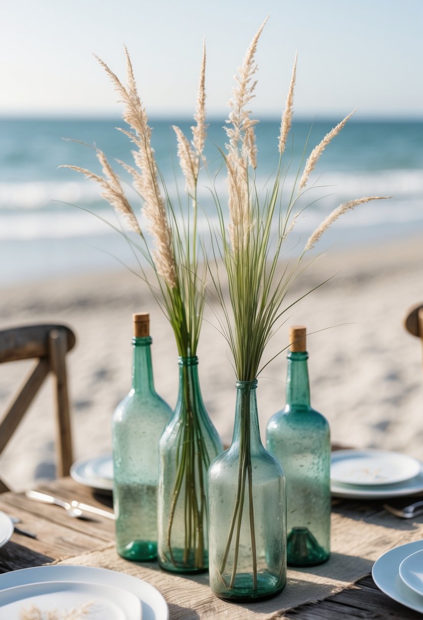 Beachgrass arranged in vintage wine bottles on a wooden table with a beach and ocean in the background.