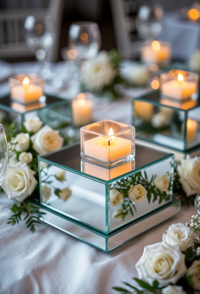 A wedding table centerpiece with mirrored square bases and glowing LED tea lights surrounded by white flowers and greenery.