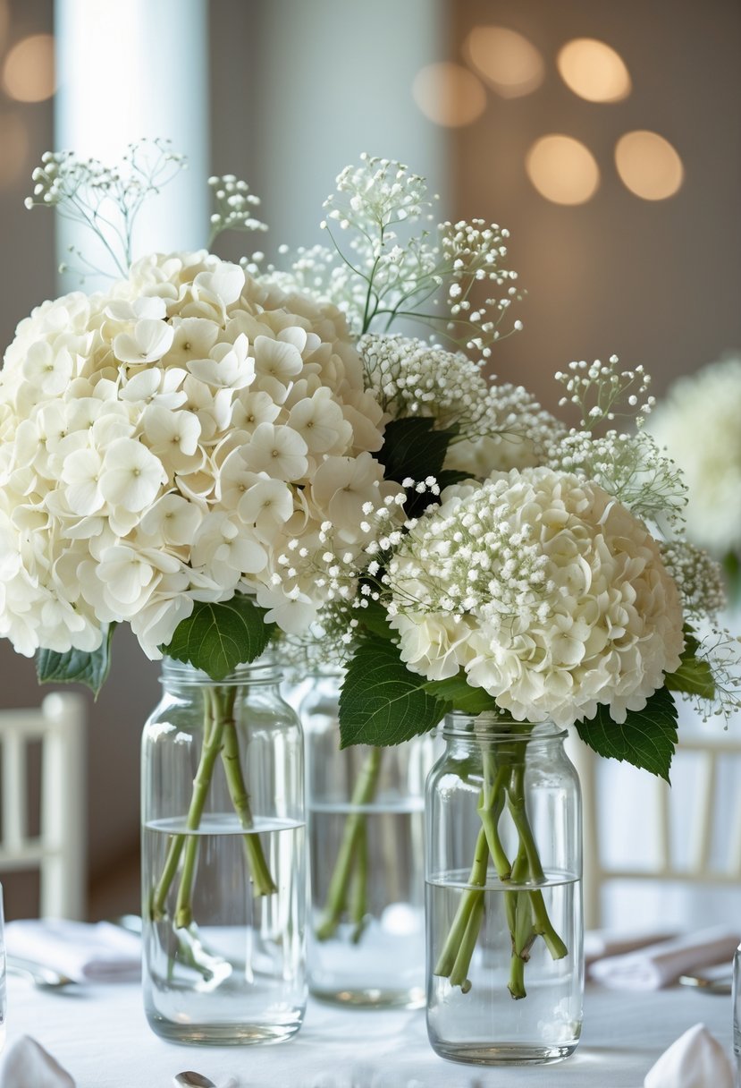Tall glass jars filled with white hydrangeas and baby's breath flowers arranged as a wedding centerpiece on a table.