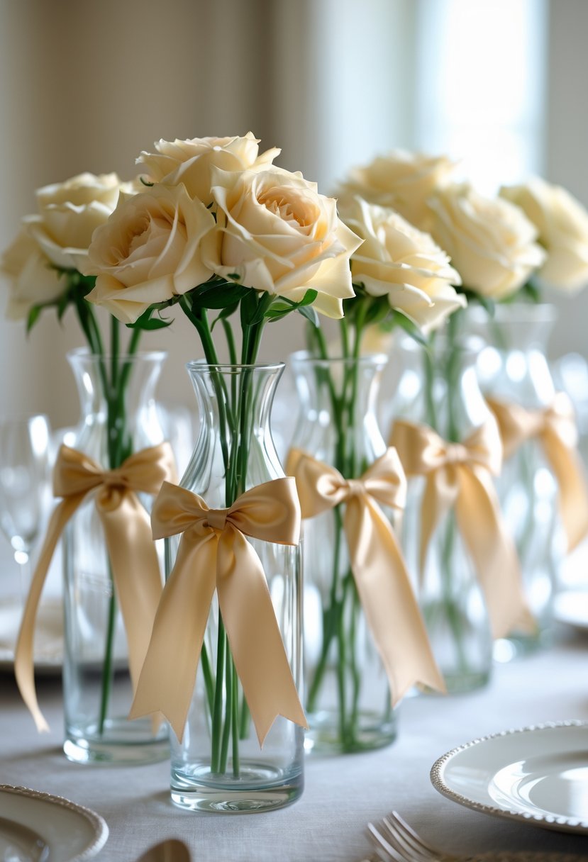Clear glass vases wrapped with champagne-colored satin ribbons arranged as a wedding centerpiece on a table.