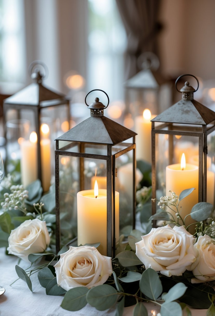 A table with candlelit lanterns holding ivory pillar candles surrounded by white flowers and greenery.