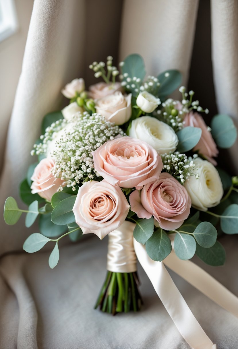 A small wedding bouquet with pink and white flowers and green leaves tied with a satin ribbon on a soft fabric background.