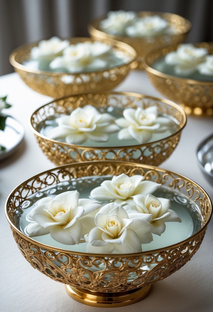 Gold filigree metal bowls filled with water and white gardenia flowers floating on top, arranged as wedding centerpieces.