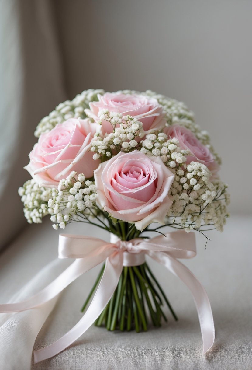 A small bouquet of soft pink roses and white baby's breath flowers tied with a ribbon.