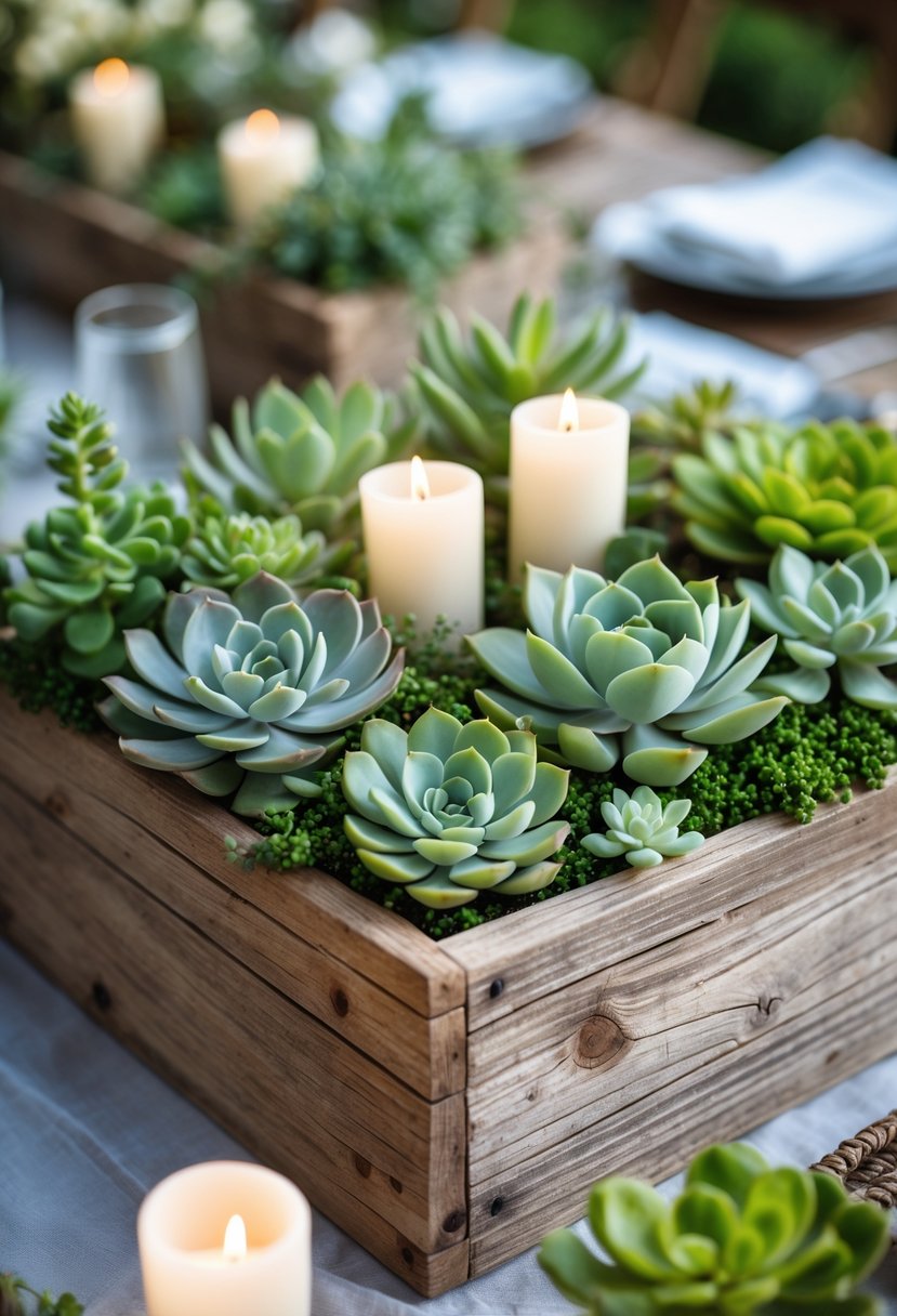 A rustic wooden box filled with green succulents and small lit candles arranged as a centerpiece.