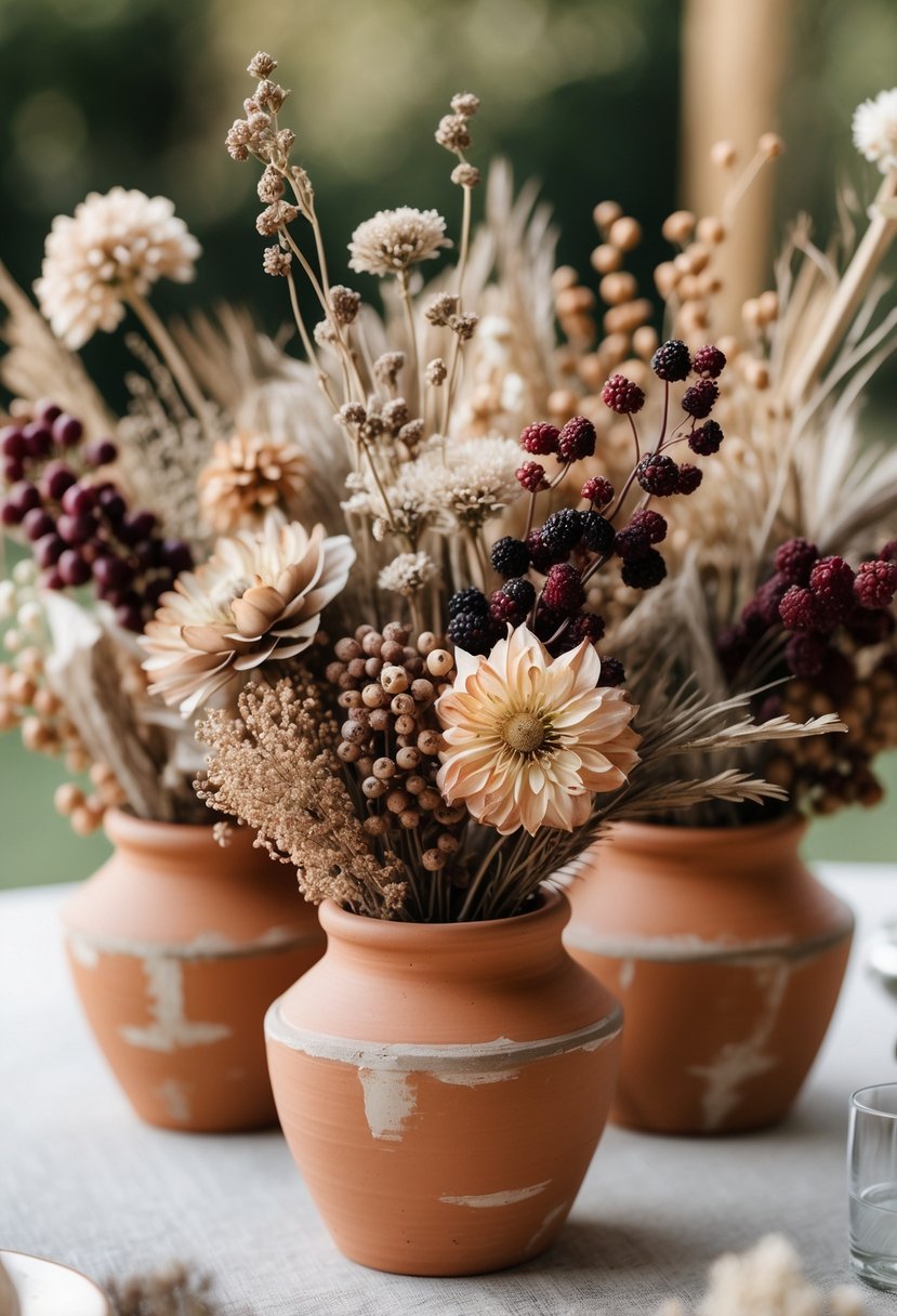 A close-up of dried flowers and berries arranged in terracotta pots on a table.