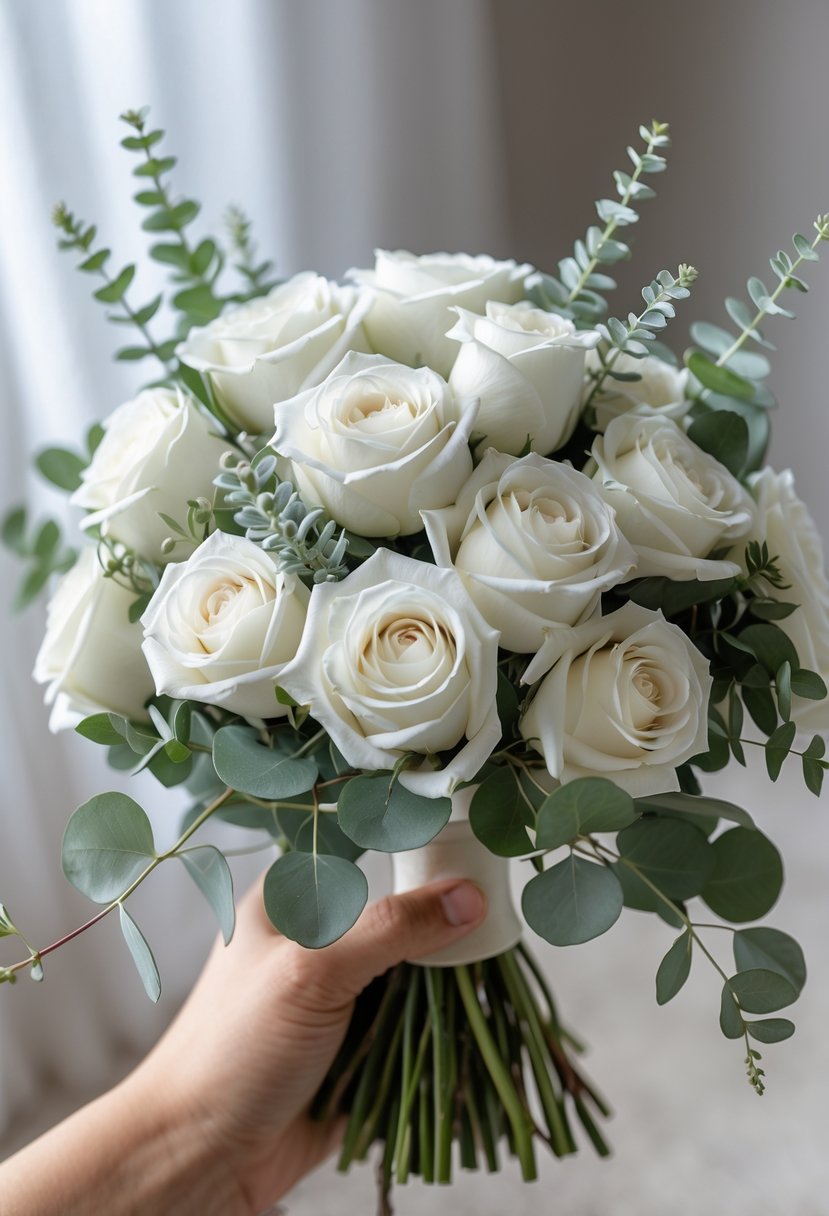 A small bouquet of white roses and eucalyptus leaves held in a hand.