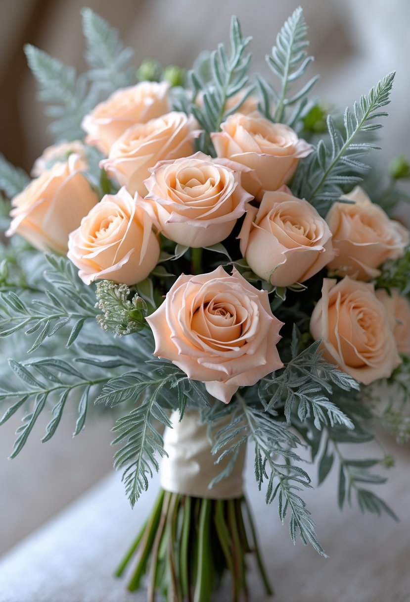 A small wedding bouquet of peach spray roses and dusty miller leaves.