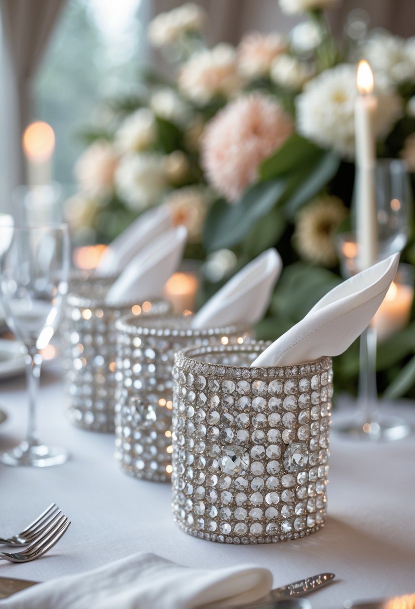 Close-up of crystal-encrusted napkin holders holding white napkins on a wedding table with floral centerpieces and candles in the background.