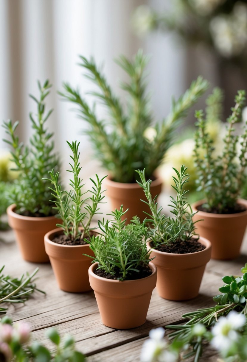 Miniature potted rosemary and thyme herbs arranged on a wooden table as wedding centerpieces.