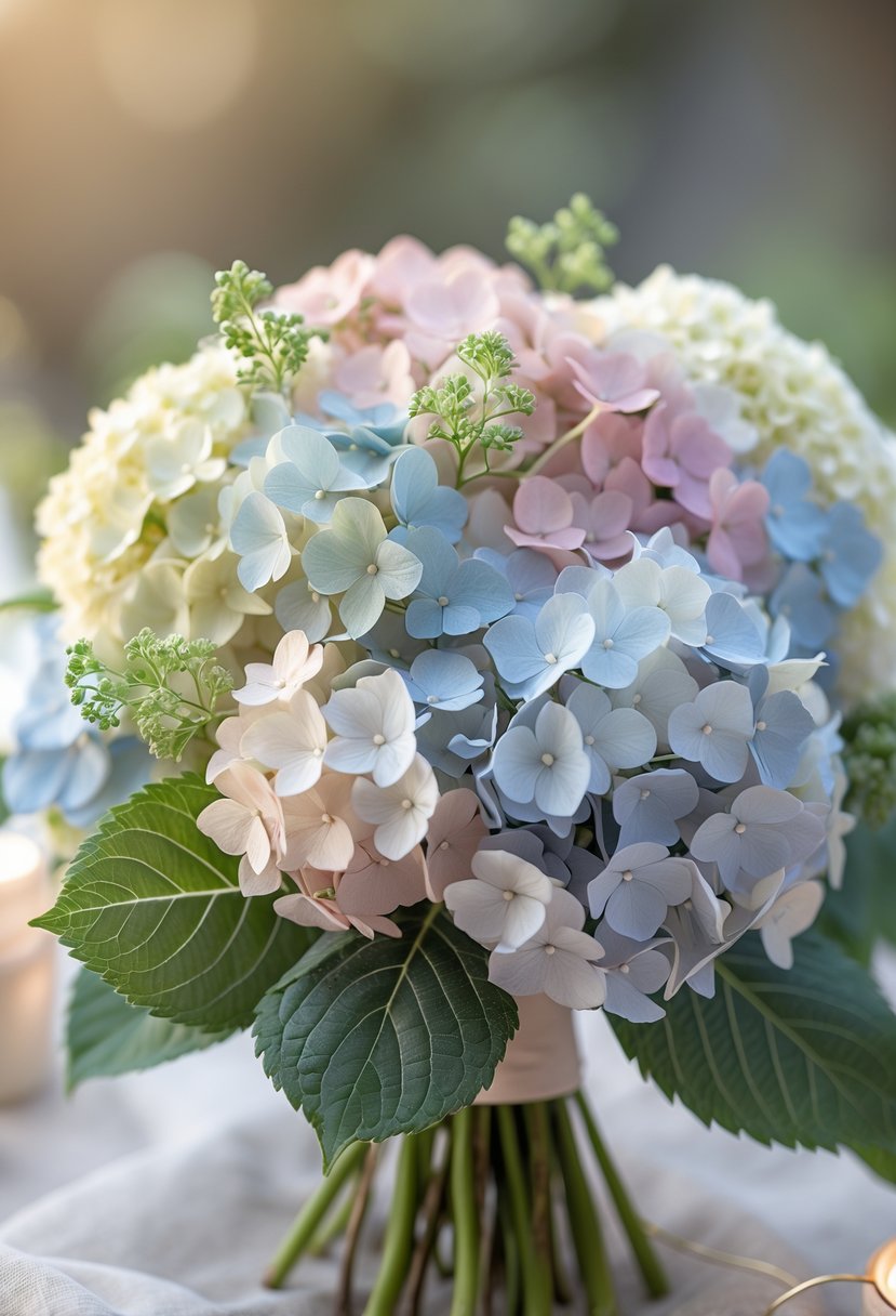 A small cluster of pastel hydrangea flowers with soft green leaves arranged in a compact bouquet.