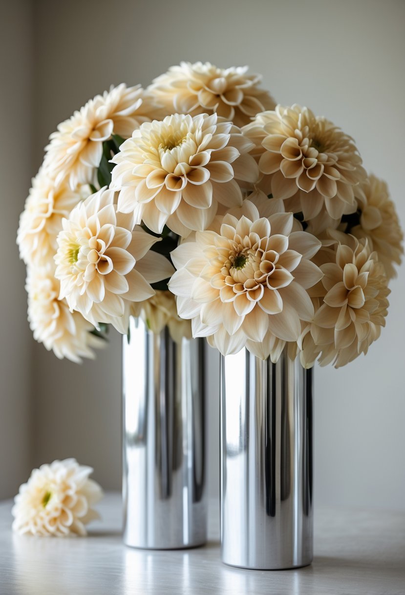 Champagne-colored dahlias arranged in tall chrome vases on a neutral background.