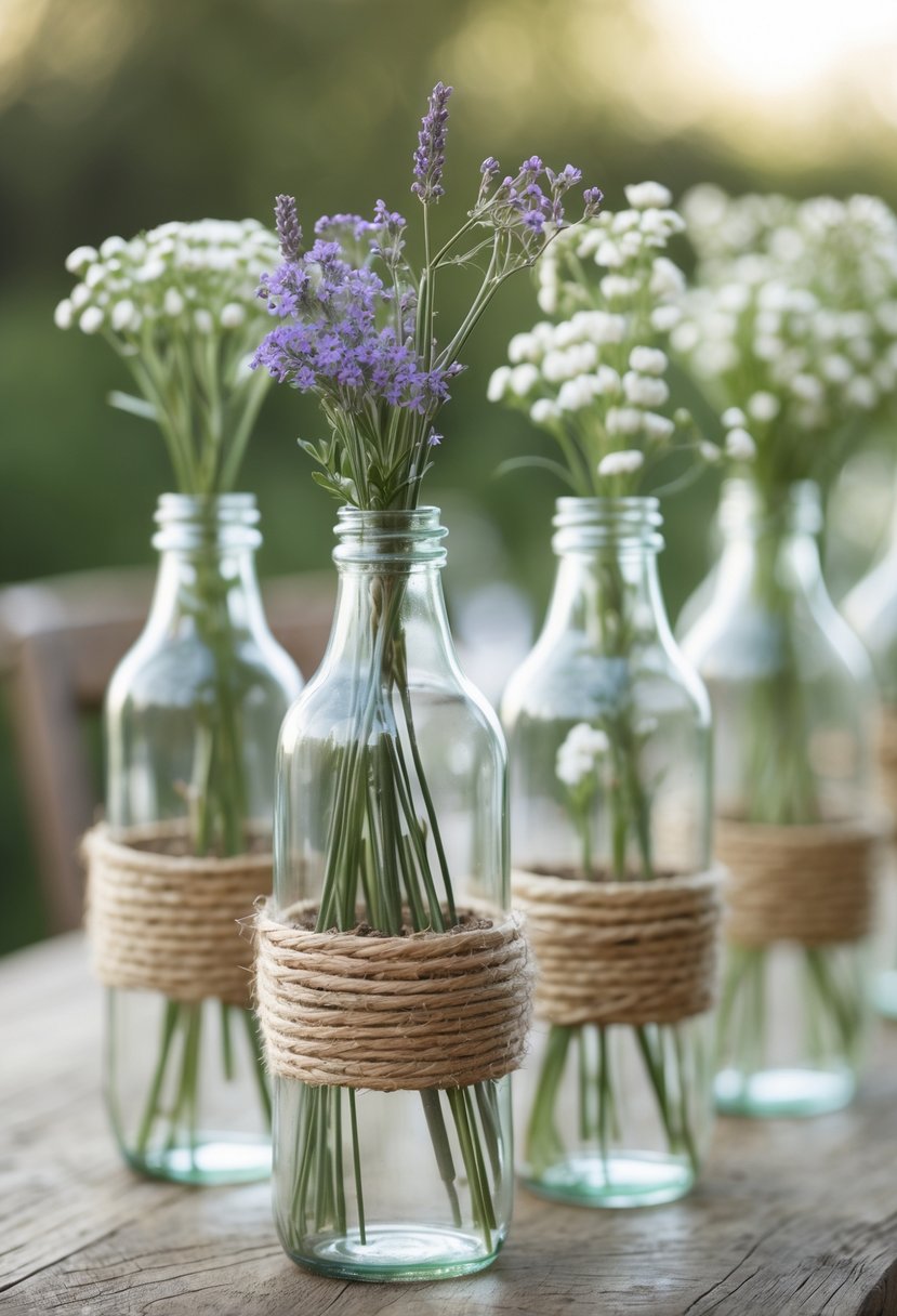 Clear glass bottles wrapped in twine holding single flower stems arranged on a wooden table.