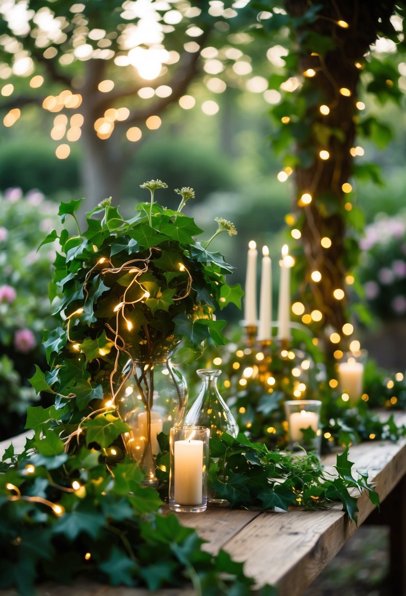 A wedding centerpiece with glowing fairy lights wrapped around green ivy garlands on a wooden table outdoors.