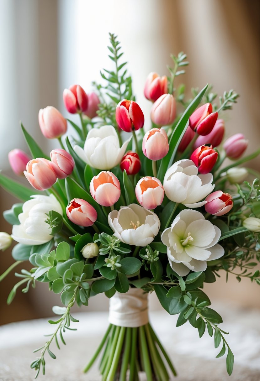 A small wedding bouquet of tiny pink and red tulips mixed with white lisianthus flowers and green leaves.