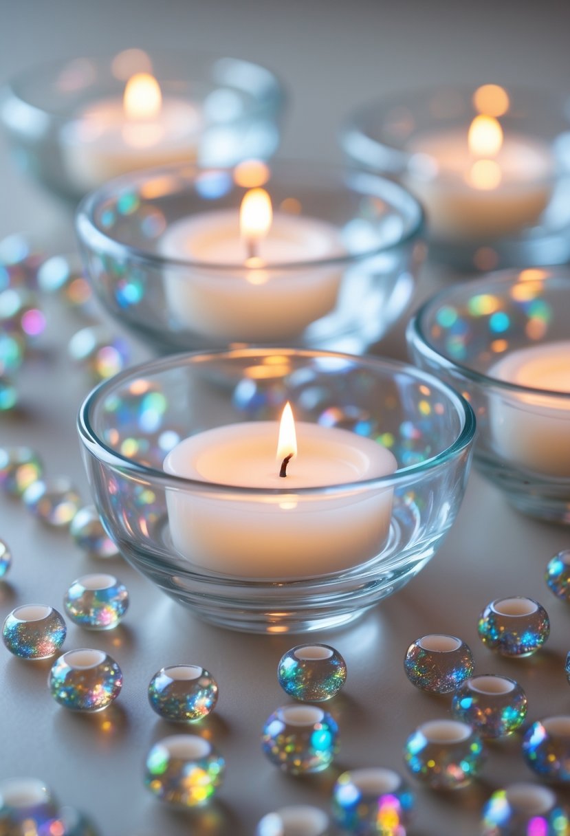 Close-up of iridescent glass beads scattered around glass bowls with floating candles glowing softly.