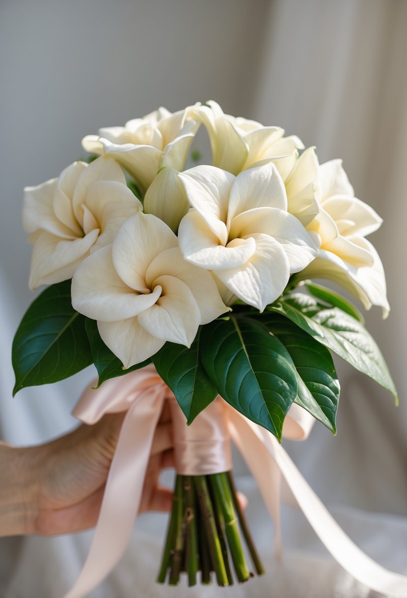 A small bouquet of ivory gardenia flowers tied with a silk ribbon.