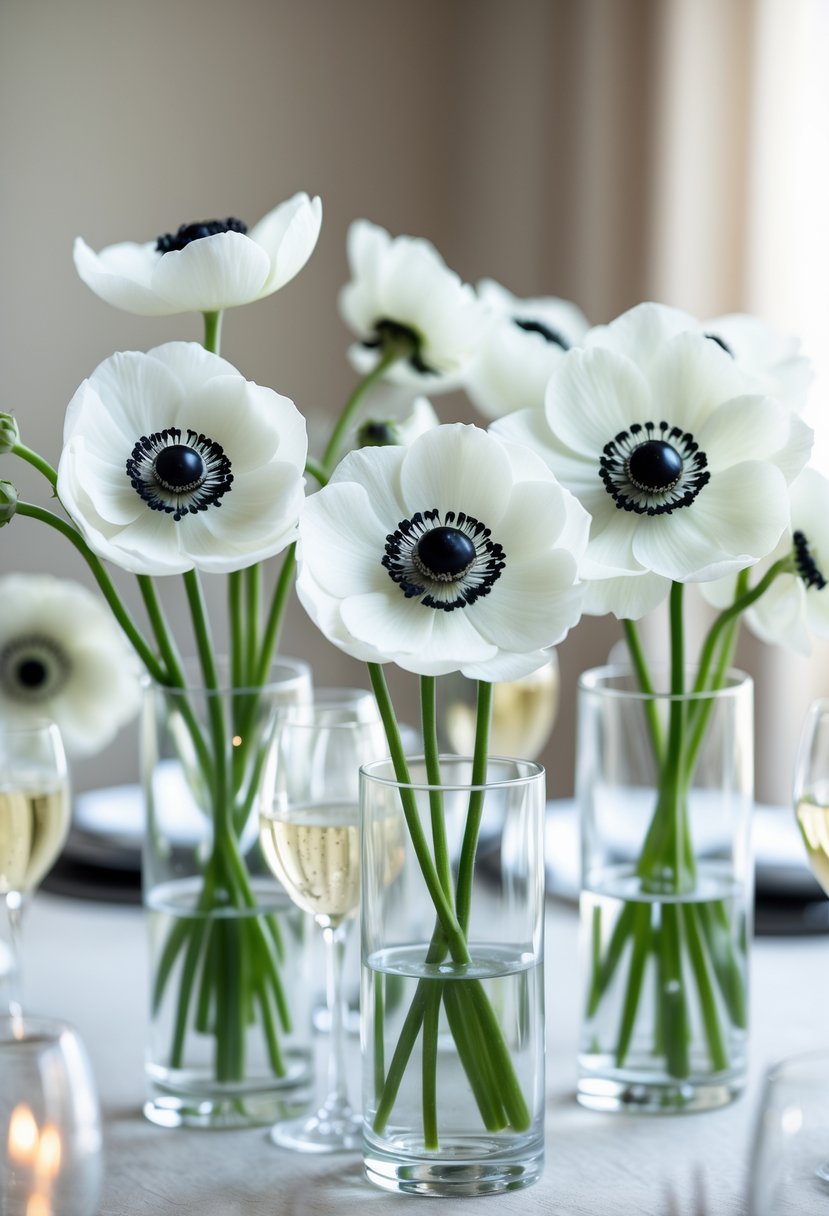 White anemone flowers with black centers arranged in clear glass vases on a table.