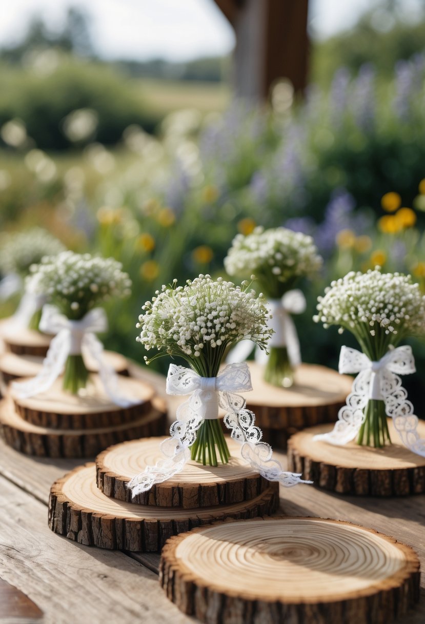 Small flower bouquets tied with lace ribbons placed on wooden slices arranged on a table with greenery in the background.
