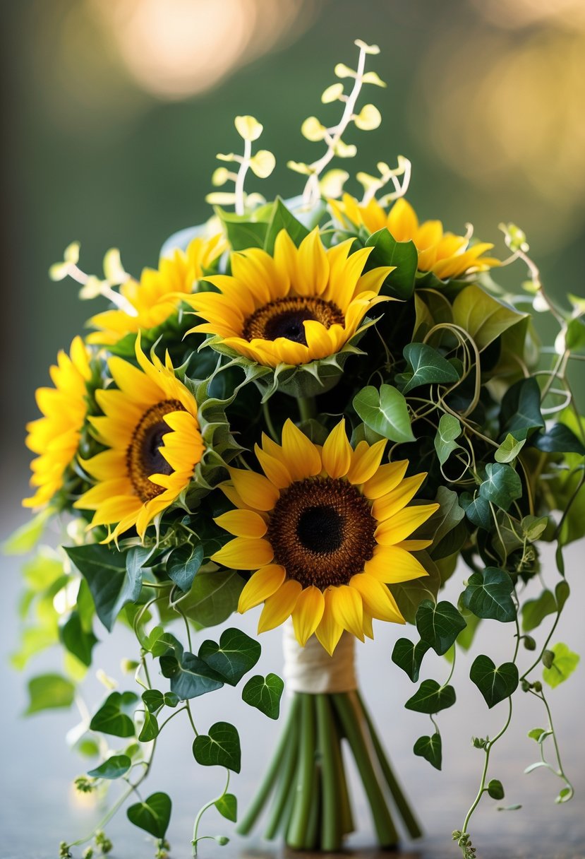 A small bouquet of bright yellow sunflowers with trailing green ivy leaves.