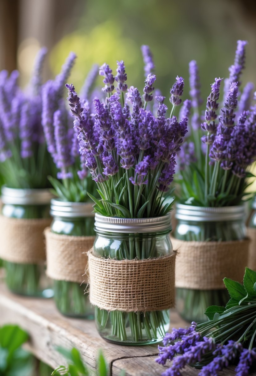 Glass jars wrapped in burlap filled with lavender bunches arranged on a wooden surface.