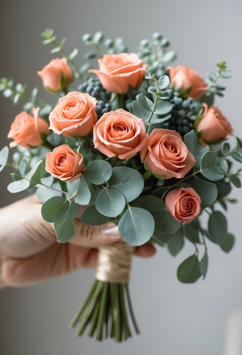 A small bouquet of coral roses and eucalyptus leaves arranged together.