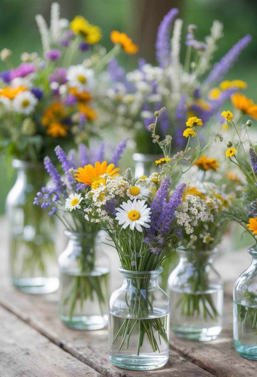 Bunches of colorful wildflowers arranged in clear glass vases on a wooden table.