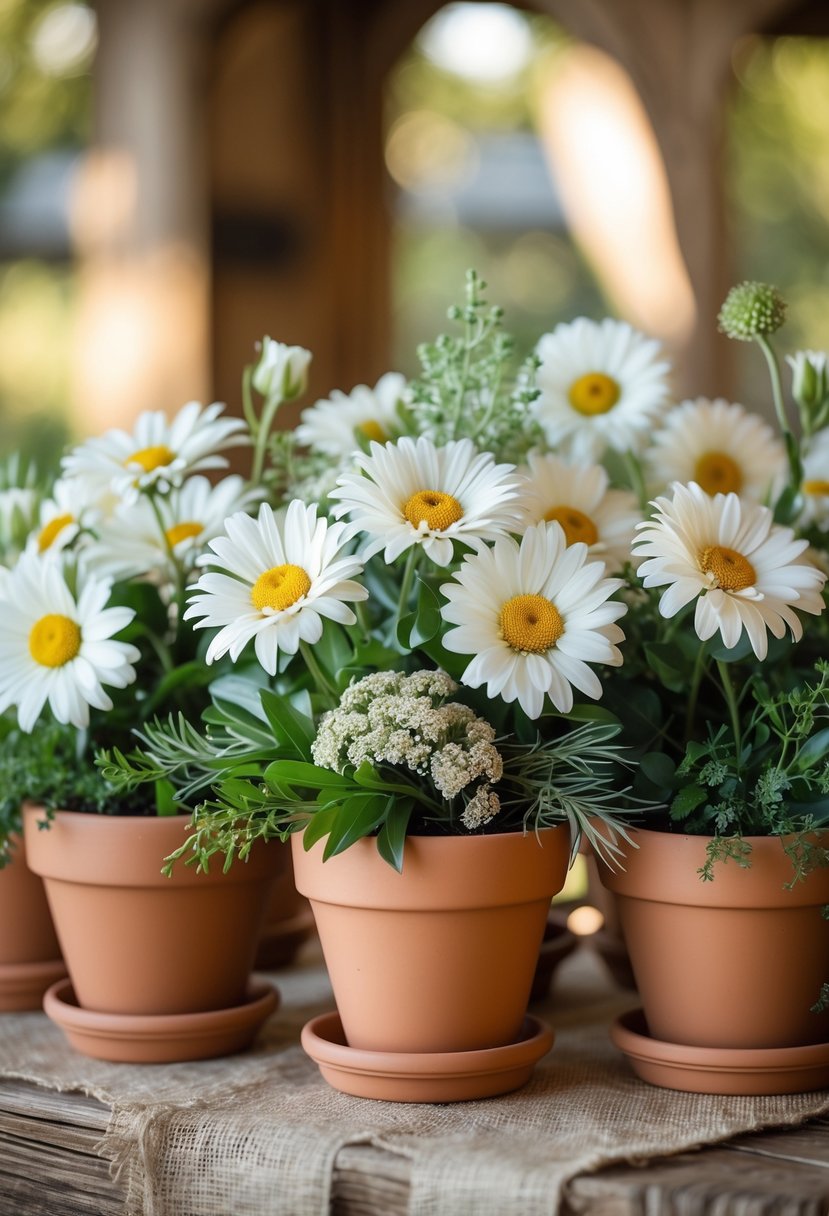 Terracotta pots filled with blooming white daisies and green leaves arranged on a wooden table.
