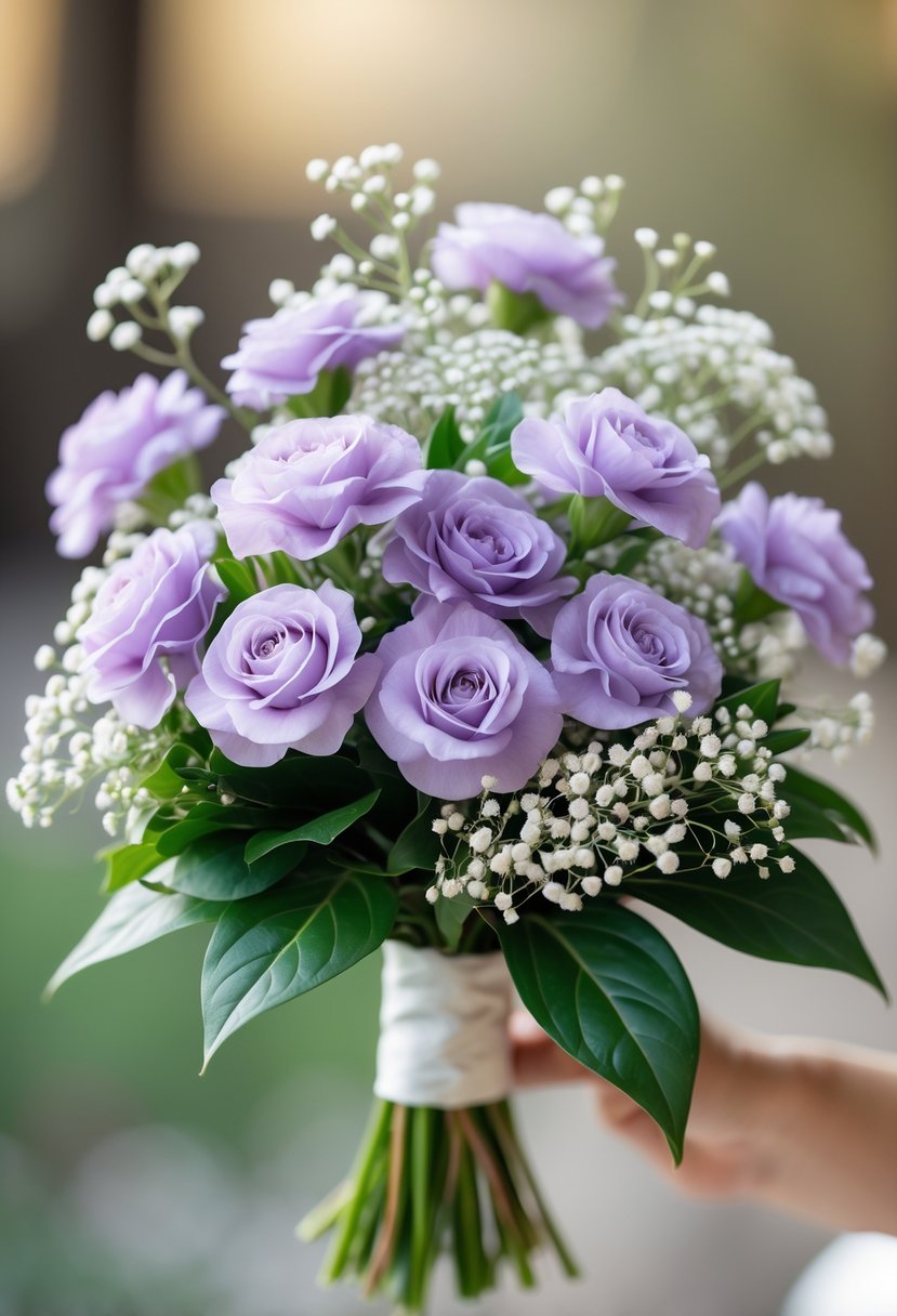 A small bouquet of purple lisianthus and white baby’s breath flowers with green leaves.