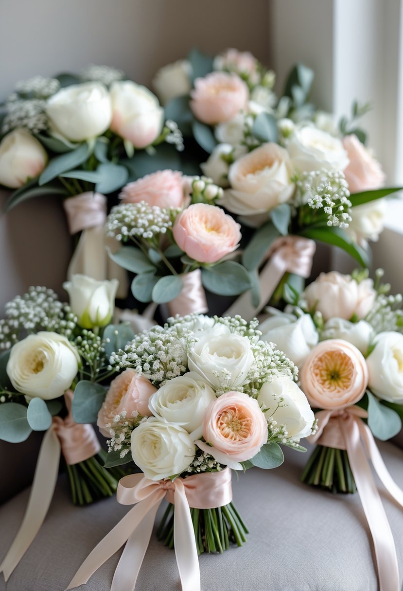 A collection of small wedding bouquets with white and pale pink flowers and greenery arranged on a light surface.