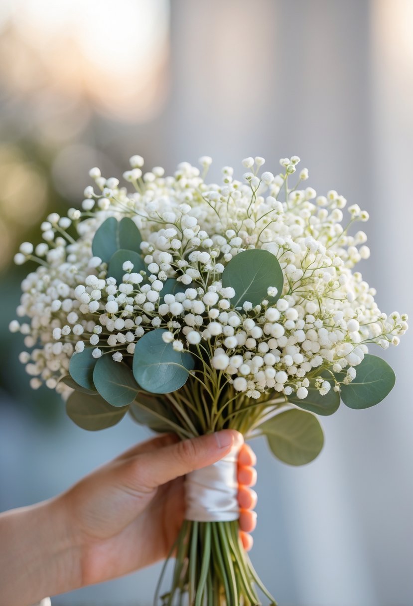 A small bouquet of white Baby's Breath flowers and green eucalyptus leaves held against a blurred light background.