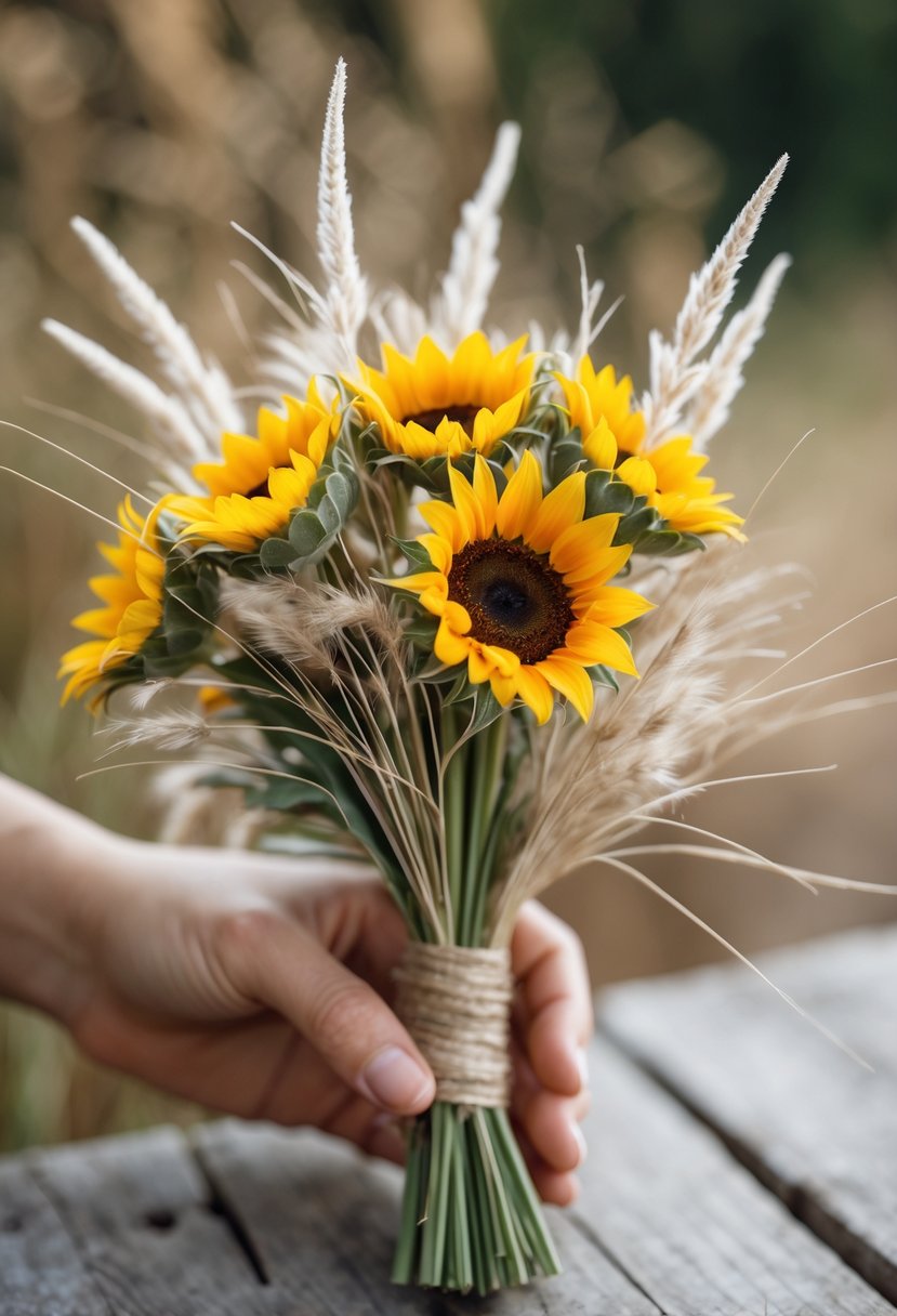 A small bouquet of sunflowers and wild grasses arranged together.