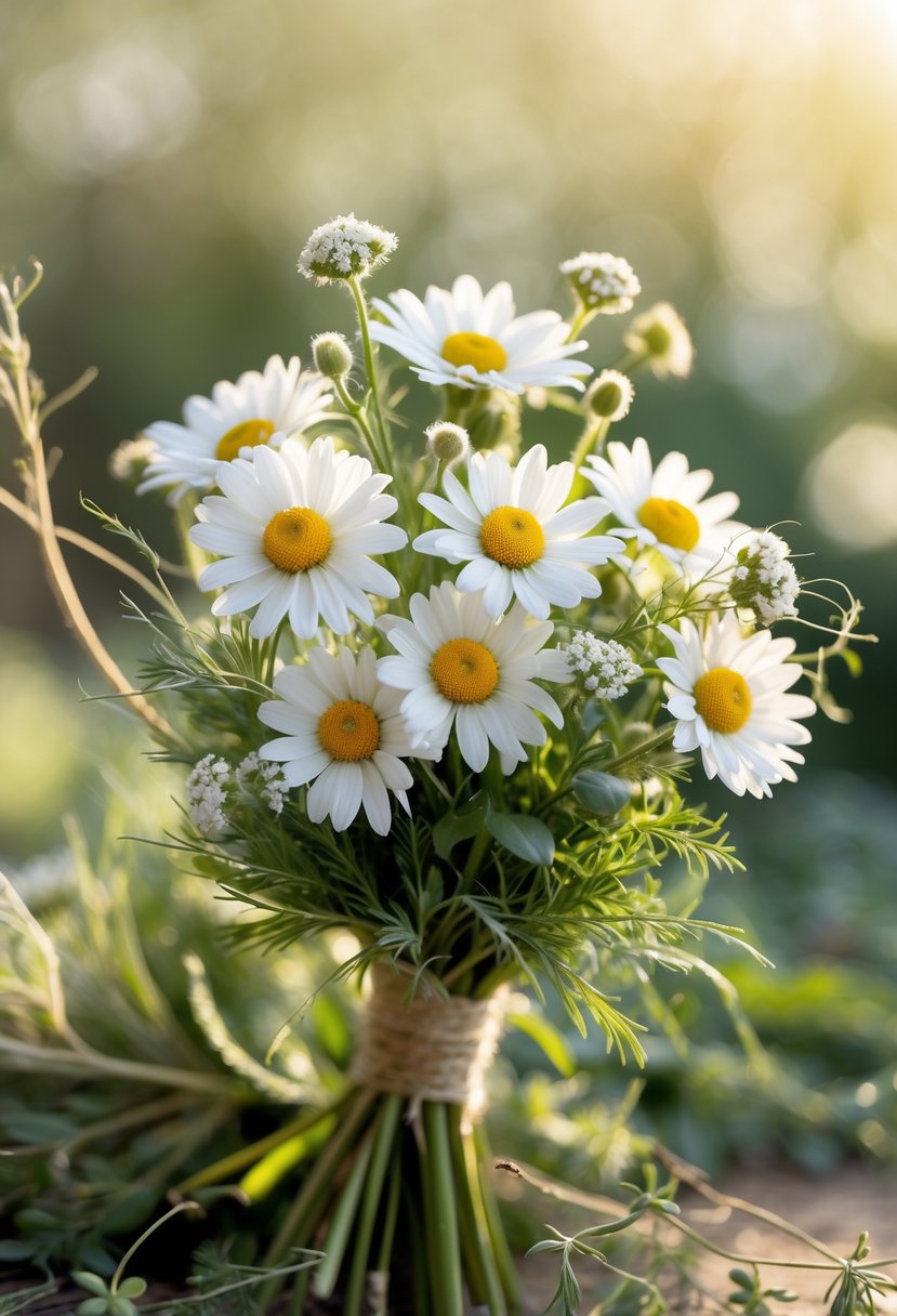 A small bouquet of white chamomile flowers and soft green leaves arranged together.