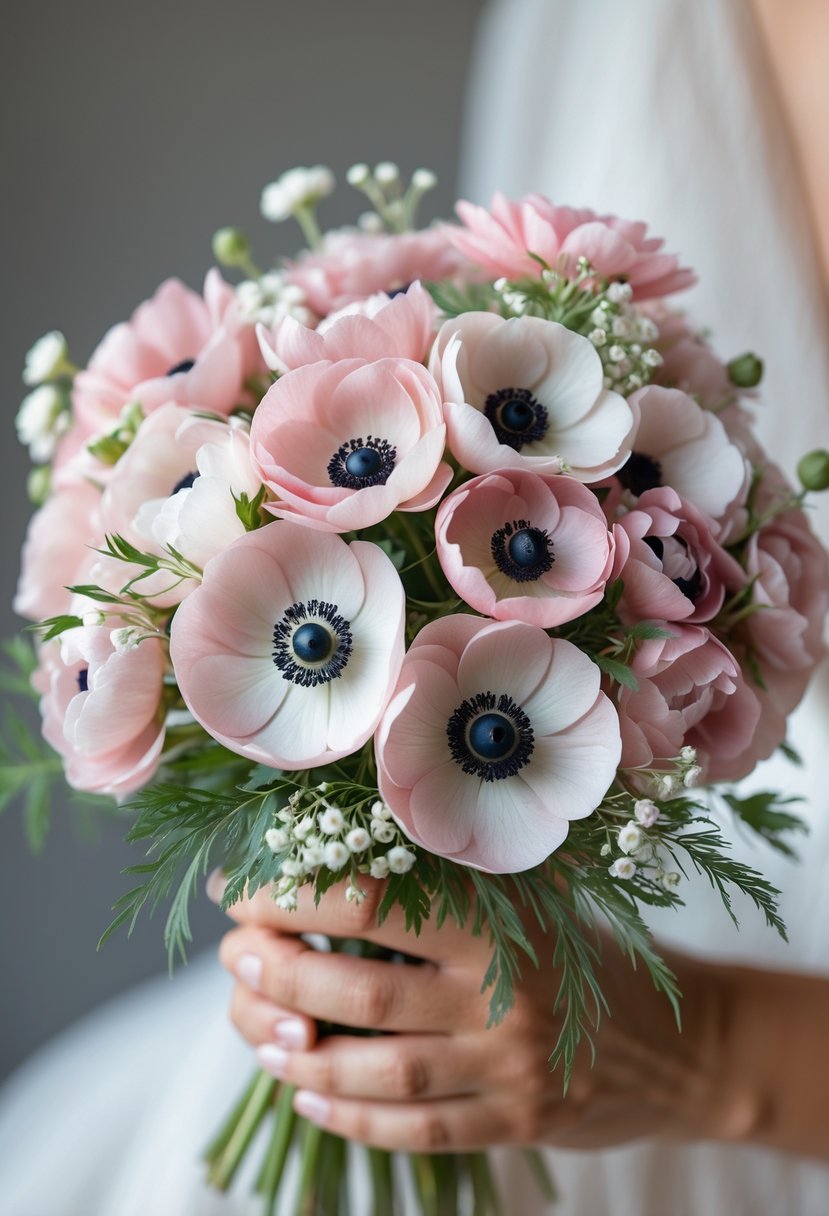 A small wedding bouquet of soft pink anemone flowers with green leaves held by hands against a blurred background.