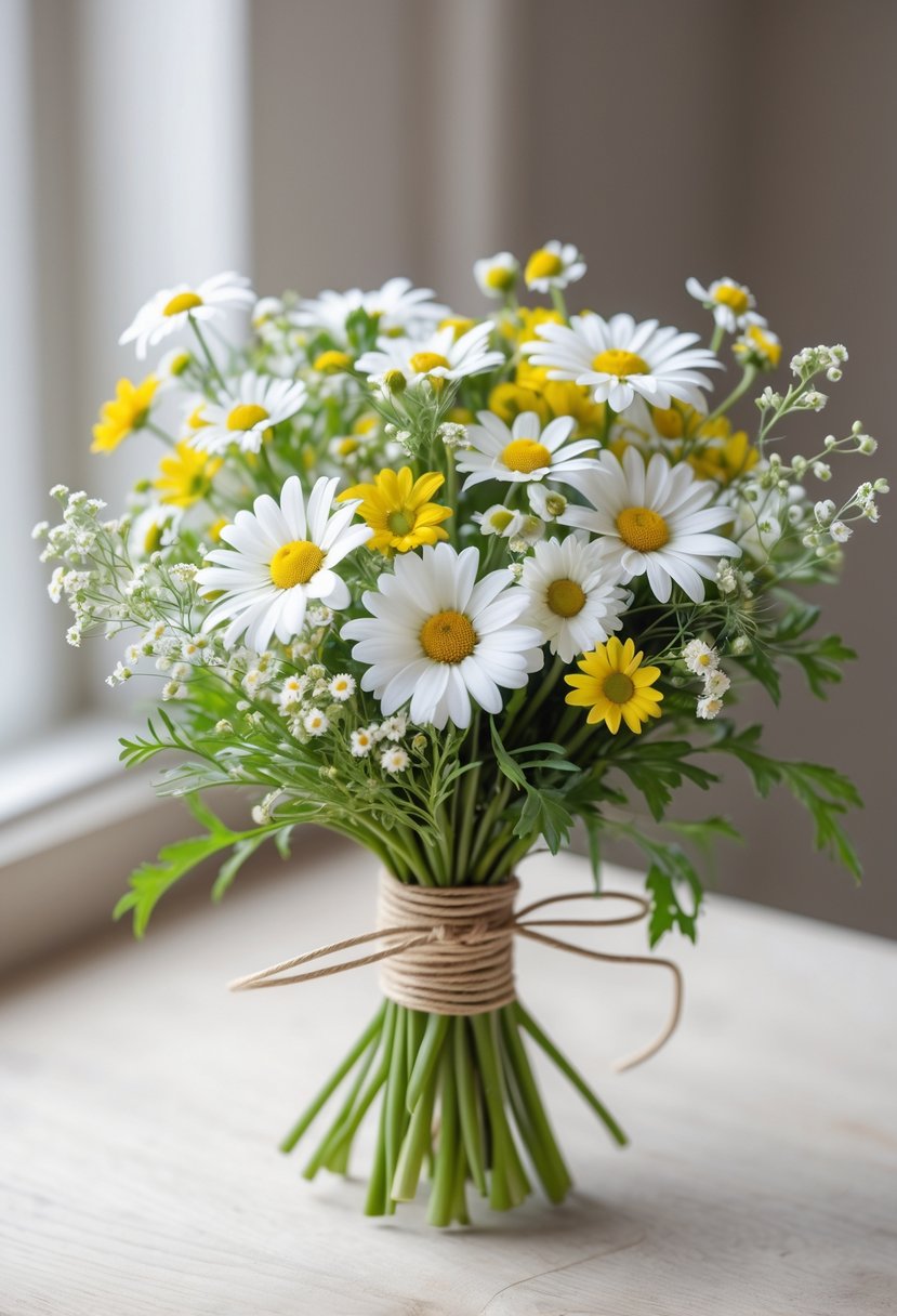 A small wedding bouquet made of white daisies and chamomile flowers with green leaves, resting on a wooden surface.