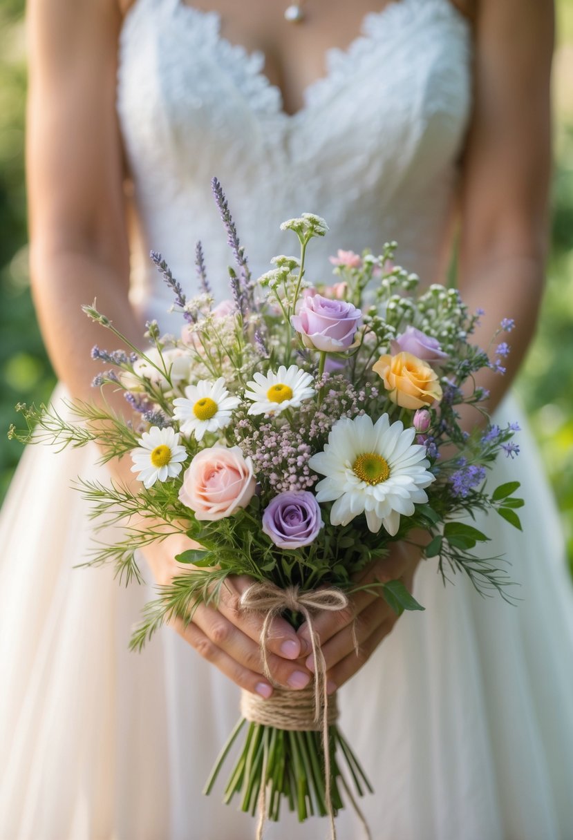 A small bouquet of colorful wildflowers held by a bride in a white dress with greenery in the background.