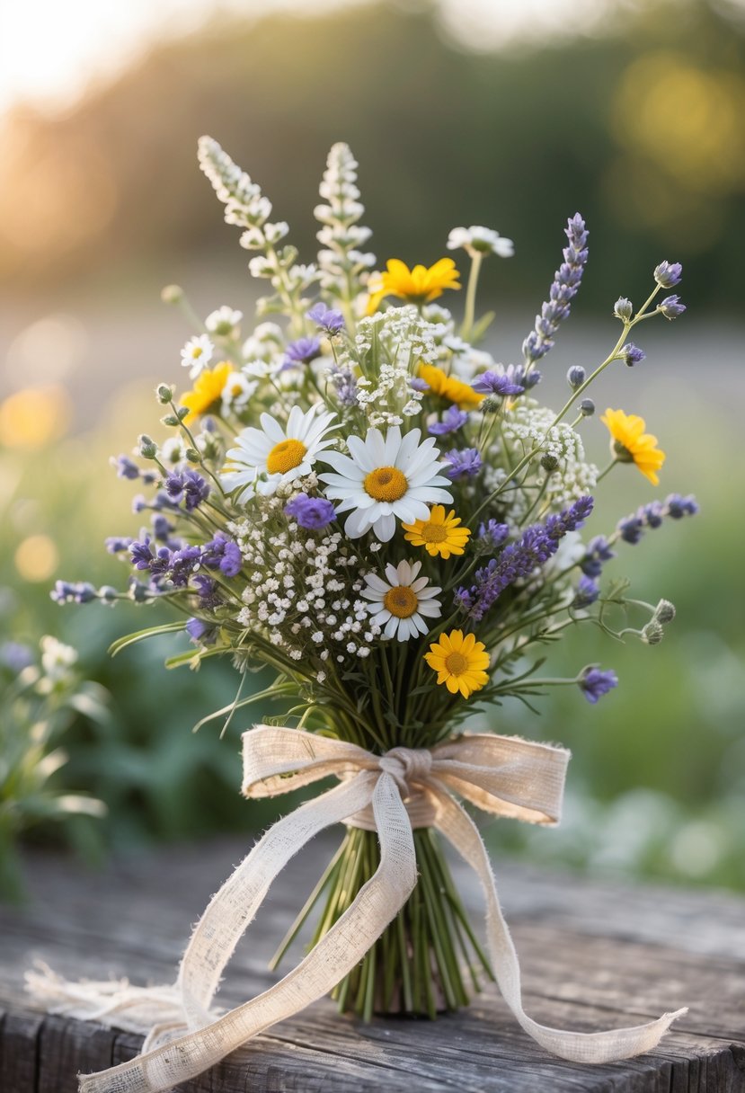 A small rustic bouquet of mixed wildflowers tied with a cream ribbon, resting on a soft blurred background.