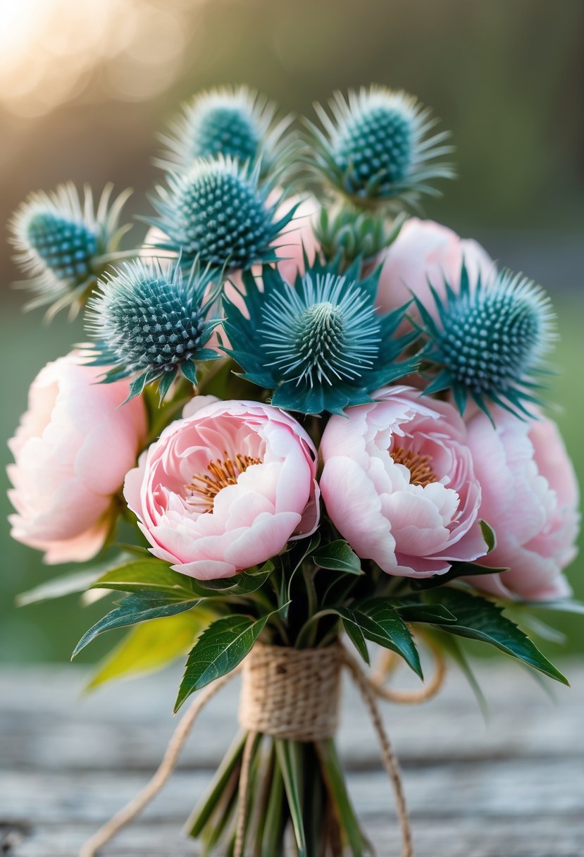 A small bouquet of baby pink peonies and blue thistle flowers tied with twine against a blurred background.
