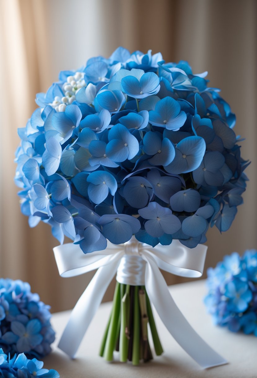 A small round bouquet of blue hydrangea flowers tied with a white ribbon on a blurred neutral background.