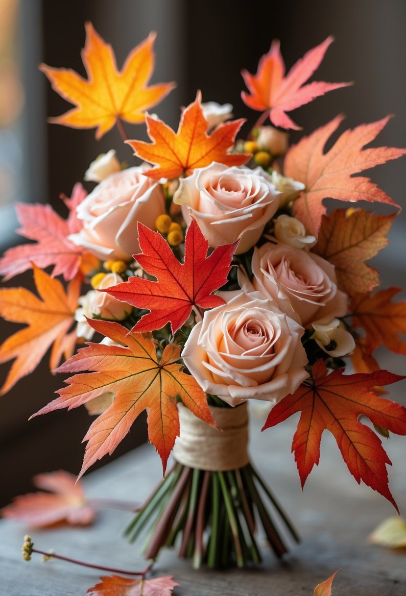 A small wedding bouquet made of colorful autumn maple leaves and tiny pastel roses.