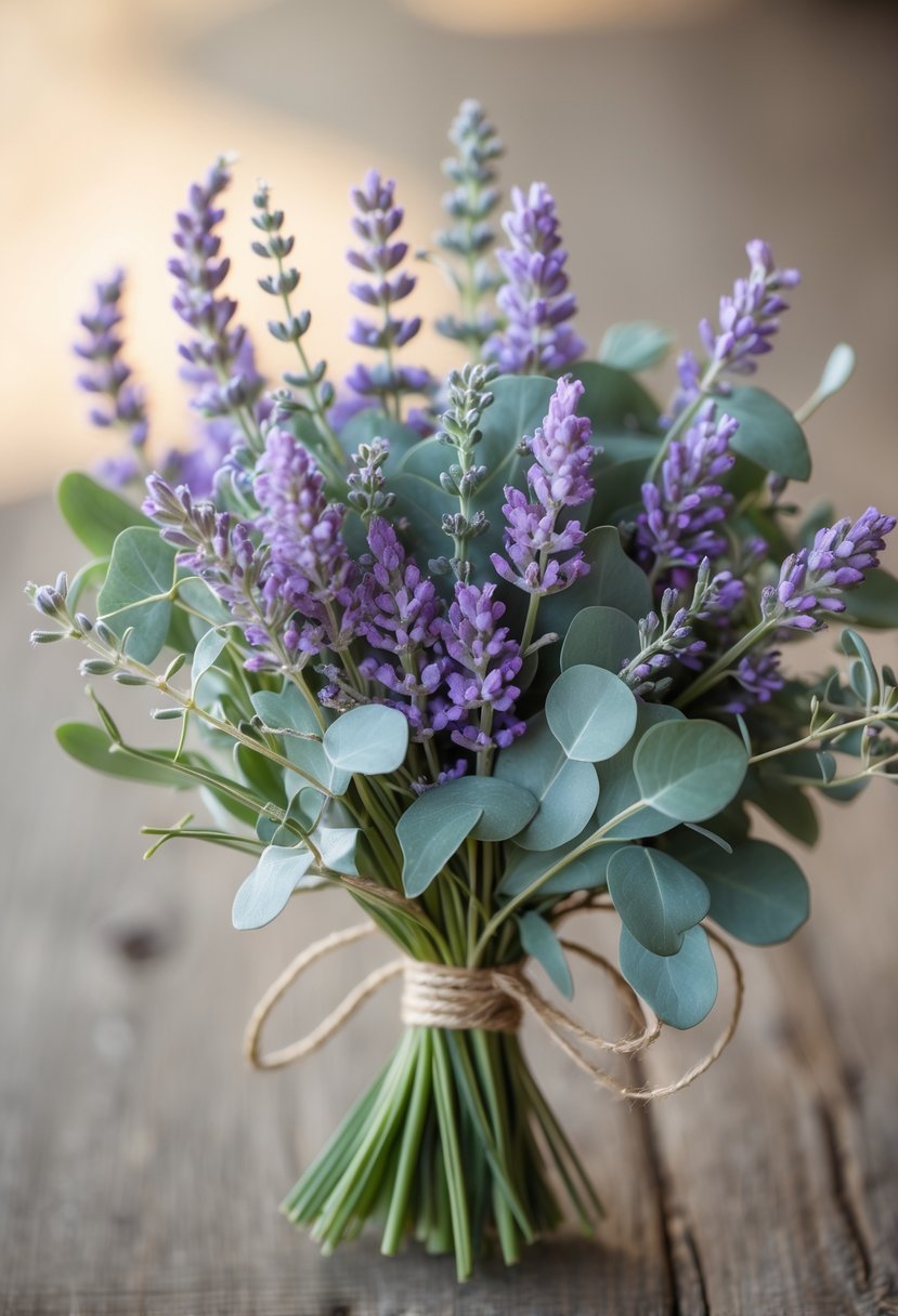 A small wedding bouquet made of lavender and eucalyptus leaves tied together.