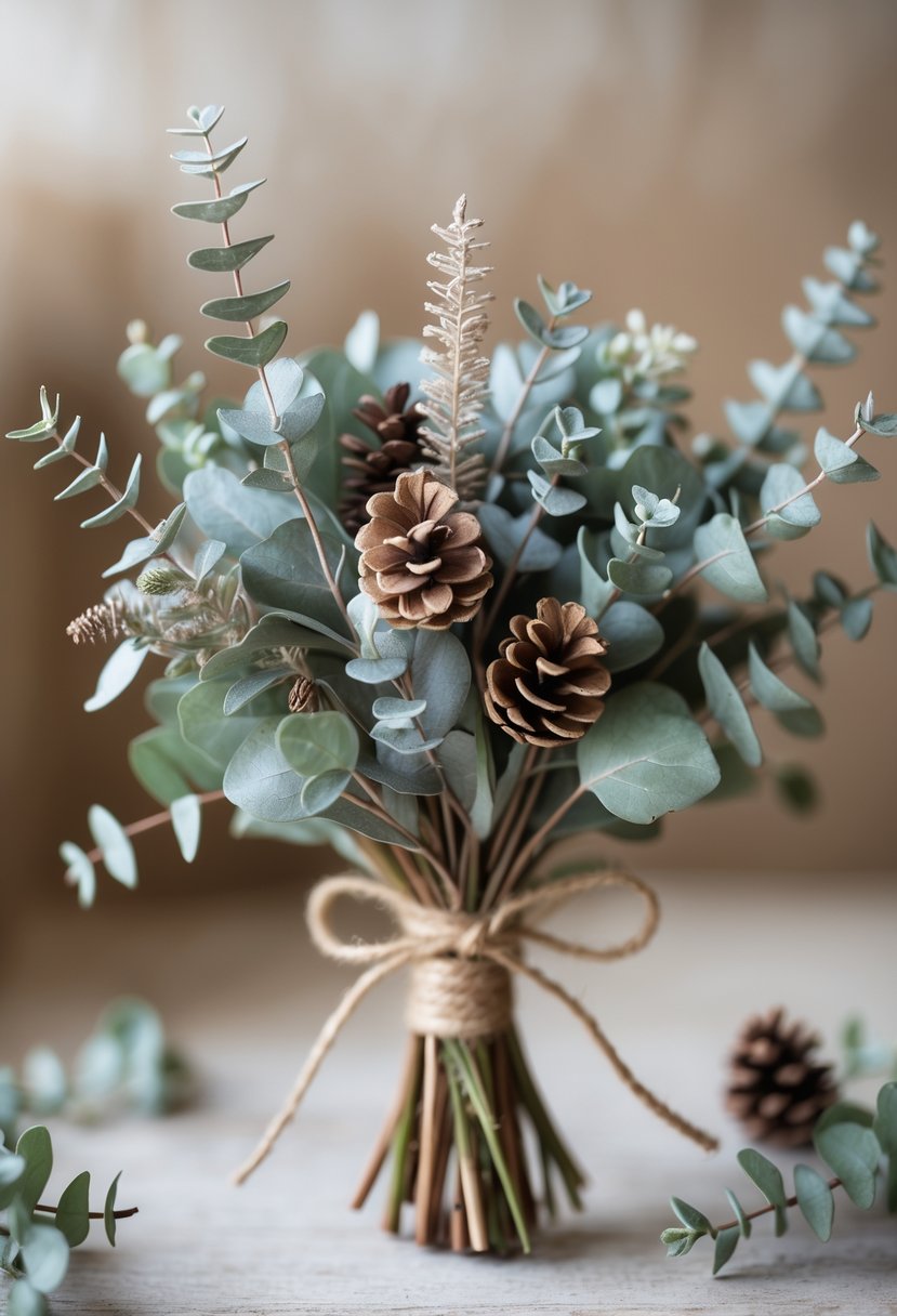 A small bouquet of dried eucalyptus leaves and pinecones tied together, resting on a neutral background.