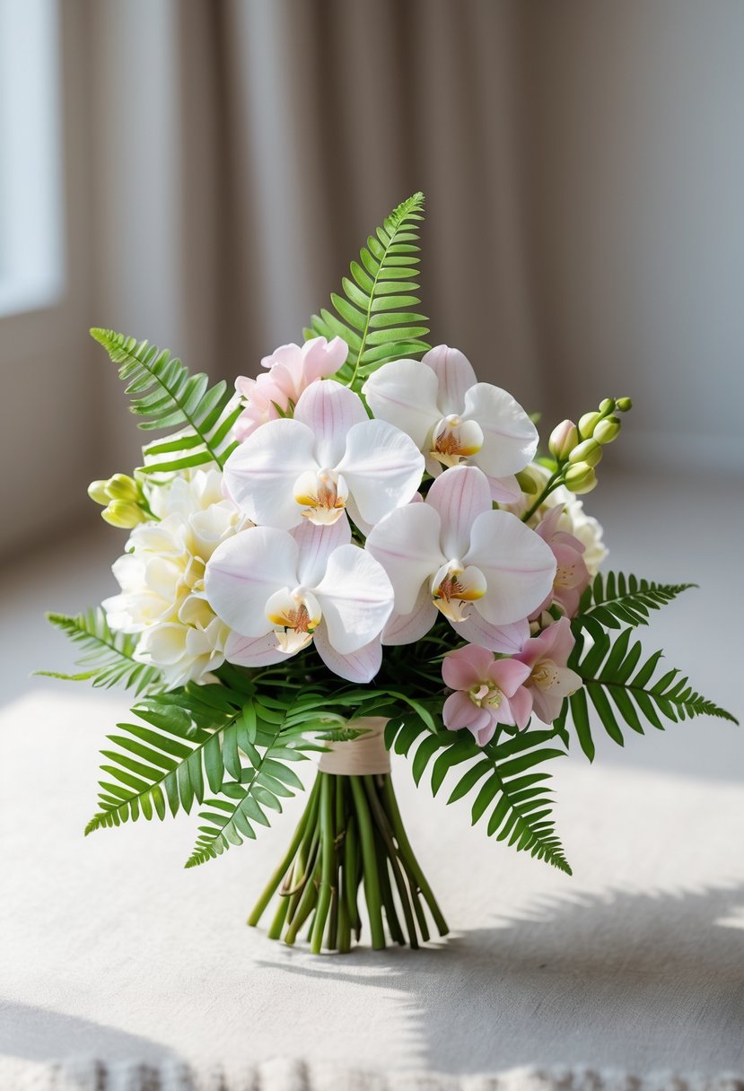 A small wedding bouquet made of white and pale pink orchids with green fern leaves.