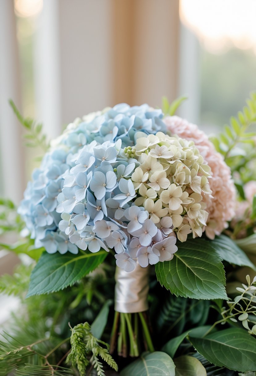 A small wedding bouquet of mini hydrangea flowers in pale blue and pink surrounded by green leaves.